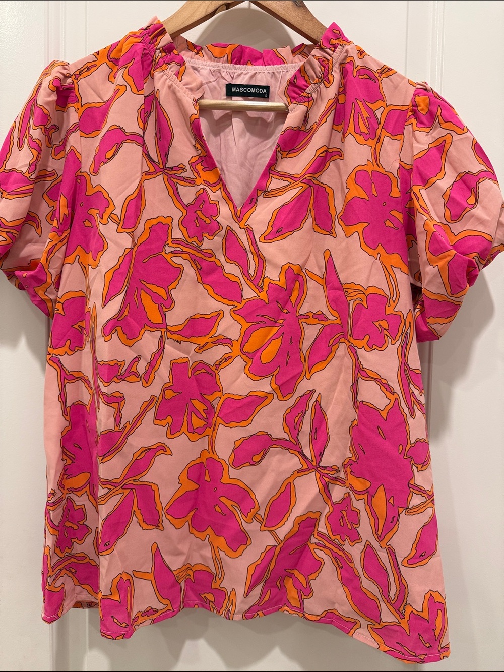 Mascomoda Pink Floral V-Neck Blouse with Fuchsia & Orange Accents